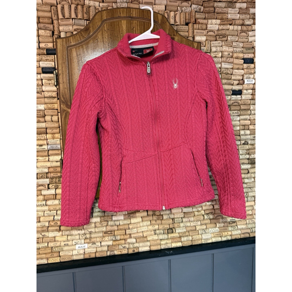 Spyder Spell Out Ribbed Knit Full Zip Sweater Jacket Swacket Pink Size Small